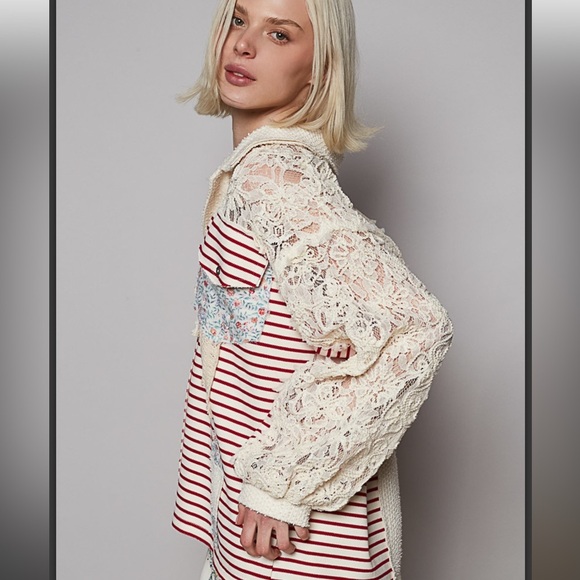 POL. Gorgeous Striped with Lace Patchwork Collared Top - Picture 3 of 6